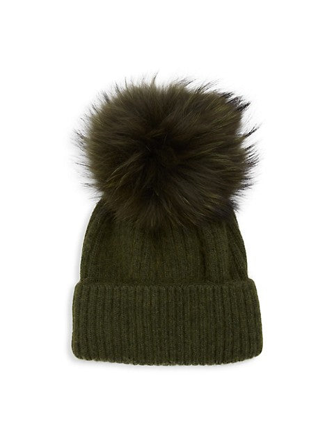 Mohair and Wool Fur Pom Beanie In Olive Green