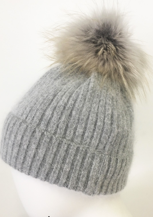 Mohair And Wool Fur Pom Beanie In Dove